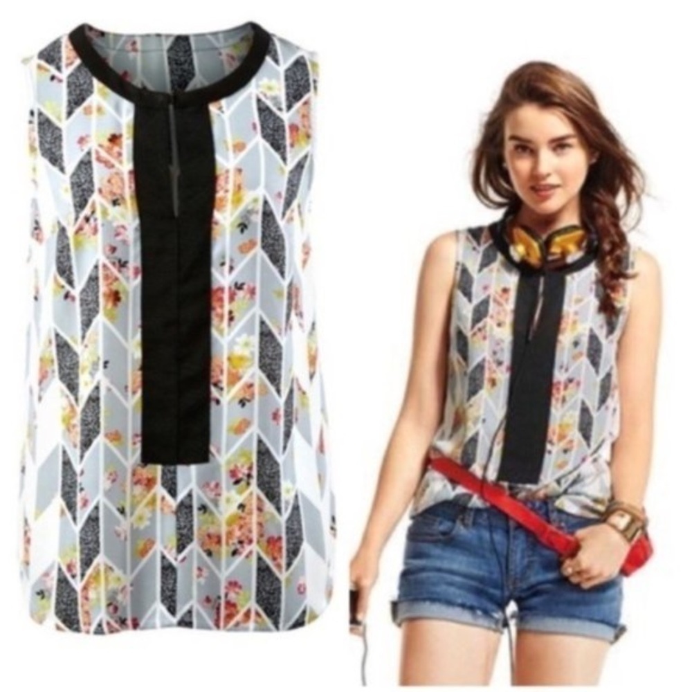 Cabi Grossgrain Geometric Floral Sleeveless Blouse S